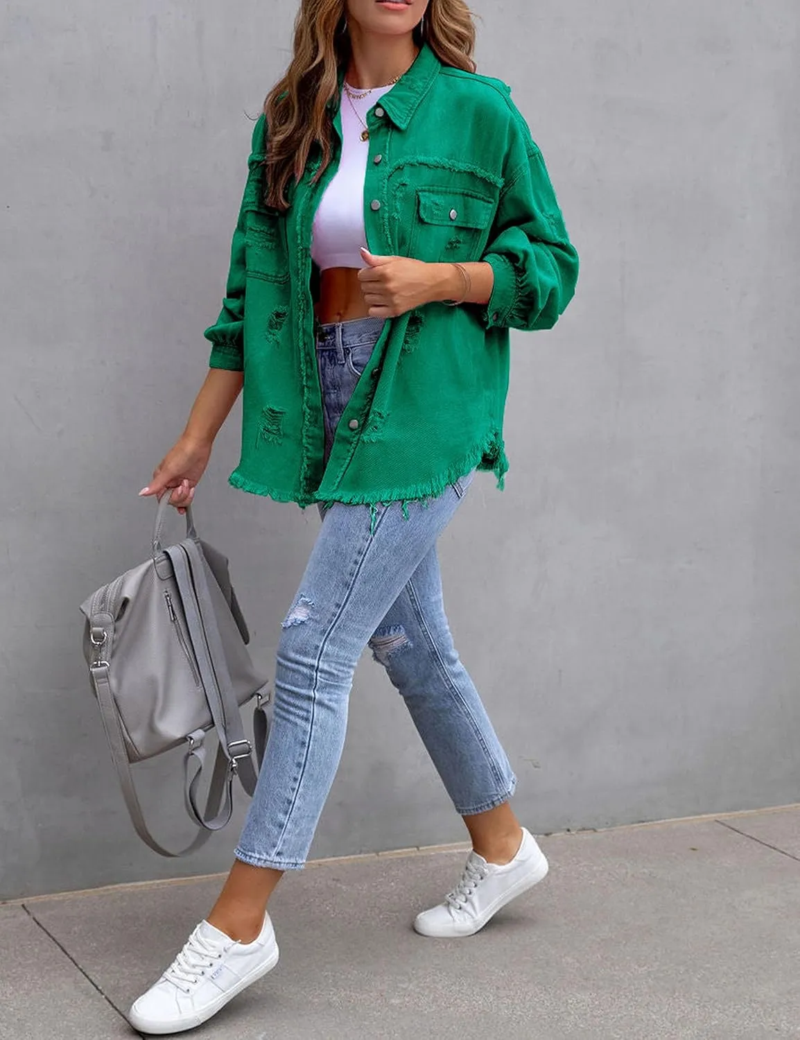 Zontroldy Aztec Denim Jacket for Women Oversized Button Down Distressed Denim Jean Shirt Shacket Jacket