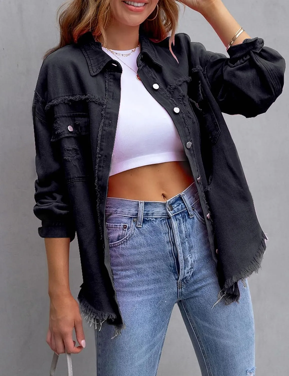 Zontroldy Aztec Denim Jacket for Women Oversized Button Down Distressed Denim Jean Shirt Shacket Jacket