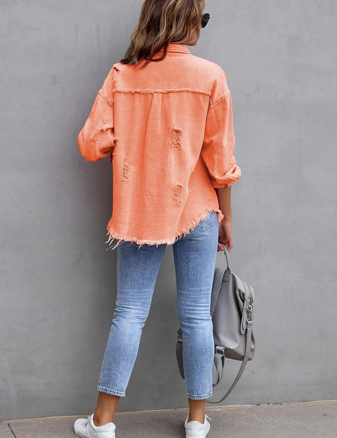 Zontroldy Aztec Denim Jacket for Women Oversized Button Down Distressed Denim Jean Shirt Shacket Jacket