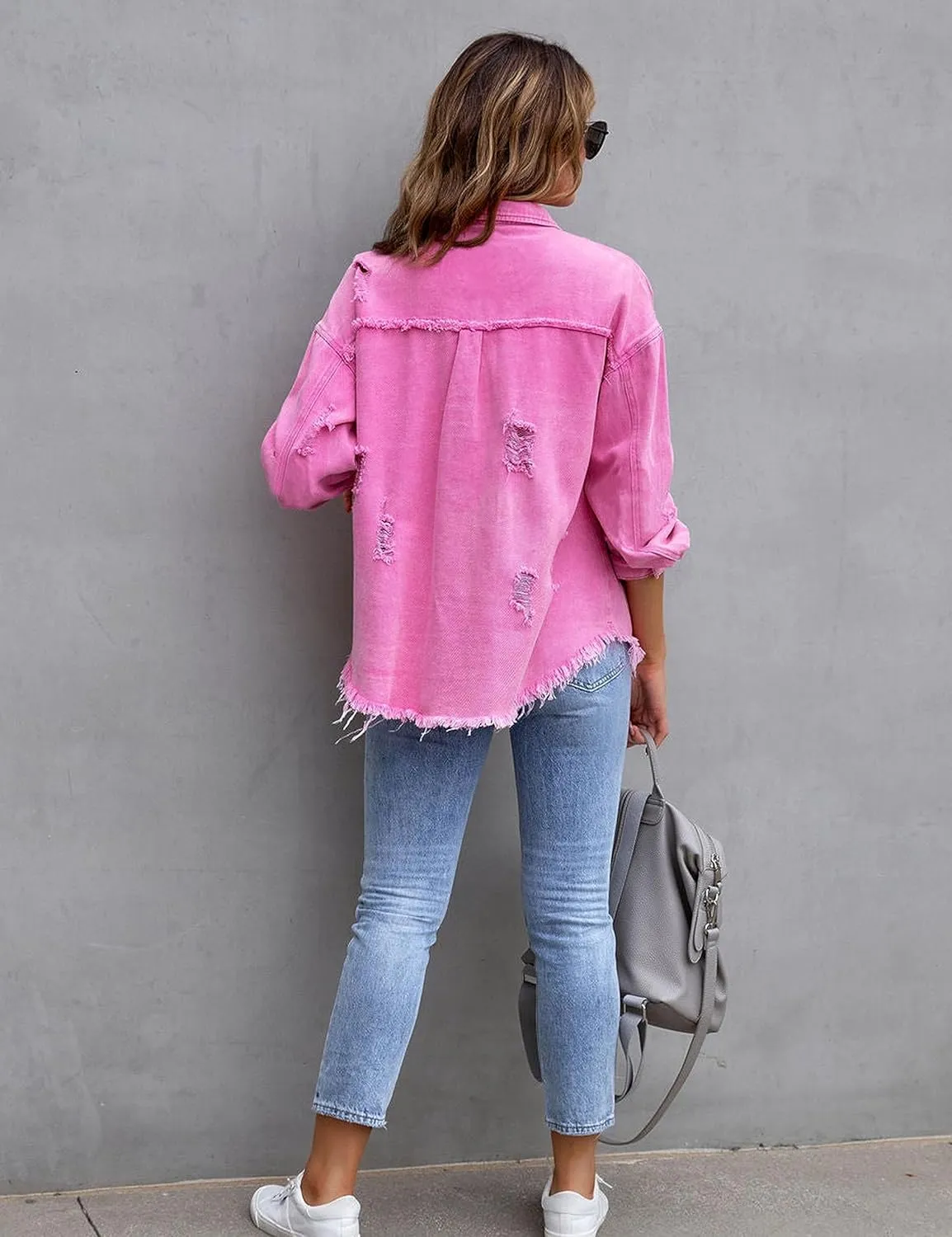 Zontroldy Aztec Denim Jacket for Women Oversized Button Down Distressed Denim Jean Shirt Shacket Jacket