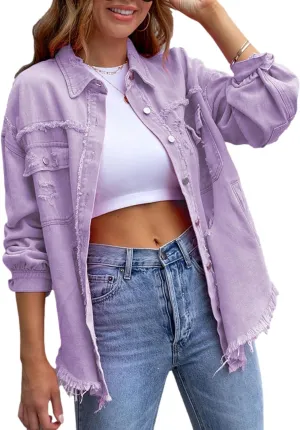 Zontroldy Aztec Denim Jacket for Women Oversized Button Down Distressed Denim Jean Shirt Shacket Jacket